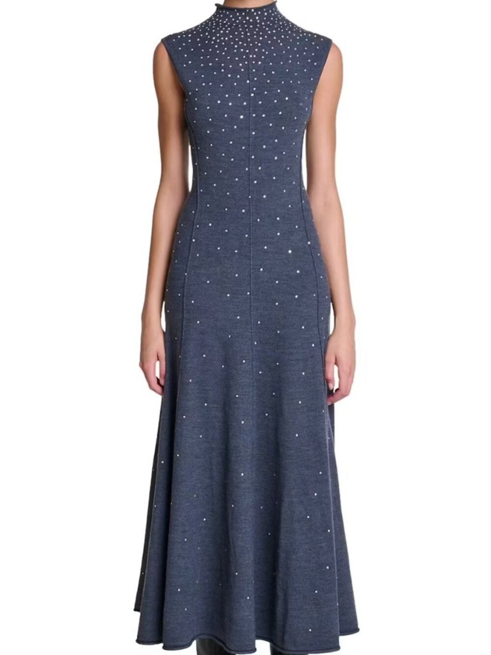 New XS 34 Maje Ristrassy Gray Wool Knit Long Maxi Sleeveless Dress Rhinestone